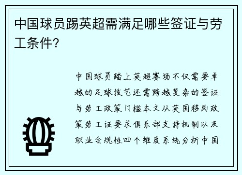 中国球员踢英超需满足哪些签证与劳工条件？