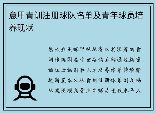 意甲青训注册球队名单及青年球员培养现状